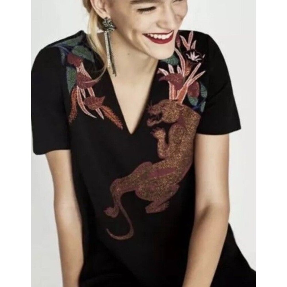 Zara Womens Size S Mini Raw‎ Edge Black Shift Dress Jaguar Embellished